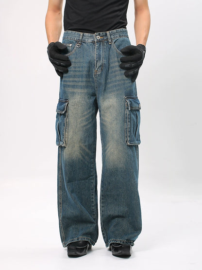 Washed Workwear Design Wide Leg Straight Denim Jeans WN18652