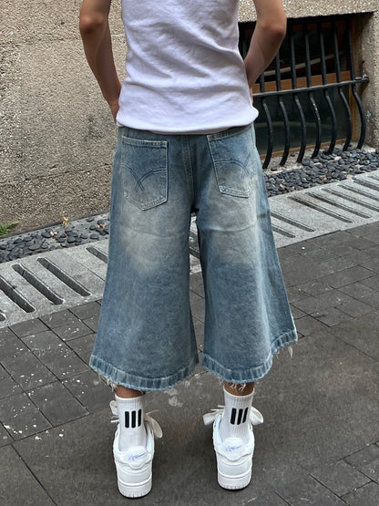 Damage Washed Wide Leg Denim Half Jeans WN24113