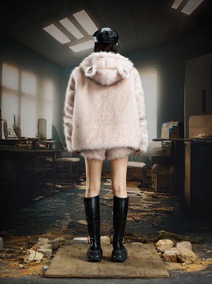 Fake Fur Ear Detail Star Hooded Puffer Jacket & Leopard Print Fake Fur Trim Halter Tank Top & Fake Fur Star Short Pants Setup WN22785