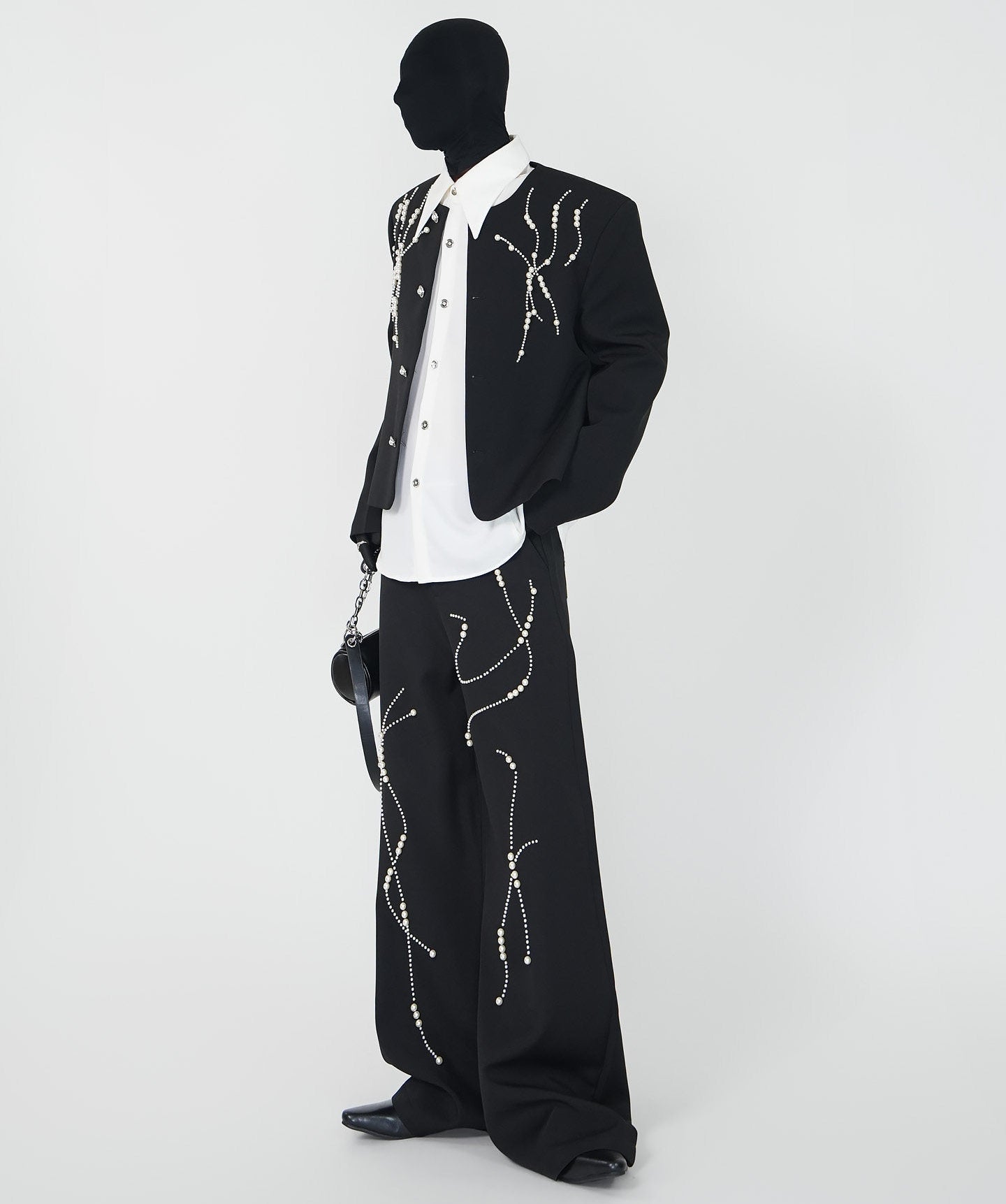 Shoulder-Pad Short Tailored Jacket & Pointed Collar Long Sleeve Shirt & Trousers Setup WN24147
