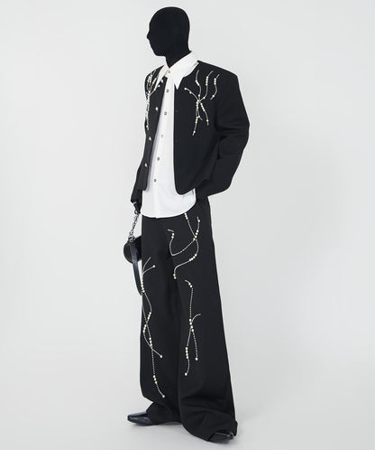 Shoulder-Pad Short Tailored Jacket & Pointed Collar Long Sleeve Shirt & Trousers Setup WN24147