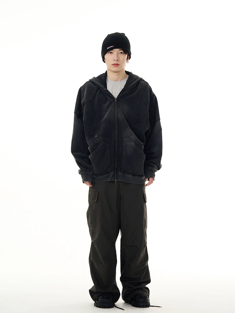 Washed Double Pocket Zipper Hoodie WN7677