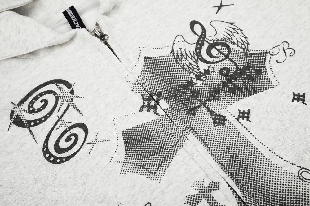 Cross Music-Note Print Drop-Shoulder Oversize Zipper Hoodie WN27937