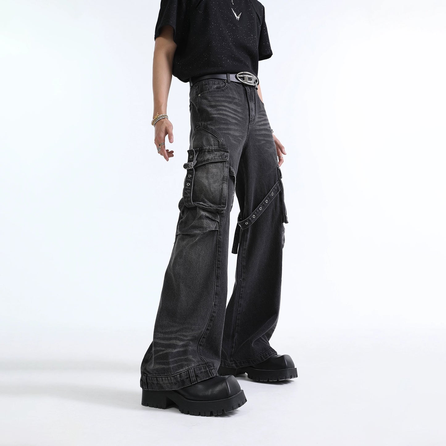 Multi Pocket Cargo Wide Leg Denim Jeans WN7338