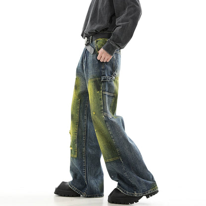 Spray-Paint Effect Wide-Leg Utility Denim Jeans WN10514