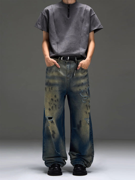 Yellow Mud Dirty Washed Damage Wide-Leg Straight Denim Jeans WN8481