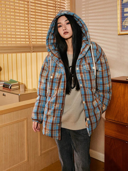 Back Graphic Washed Plaid Quilting Hooded Jacket WN10100