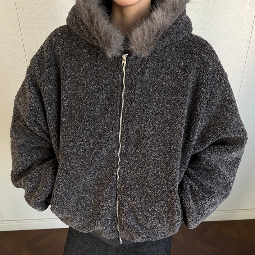 Hooded Lamb Fleece Zipper Puffer Jacket WN21929