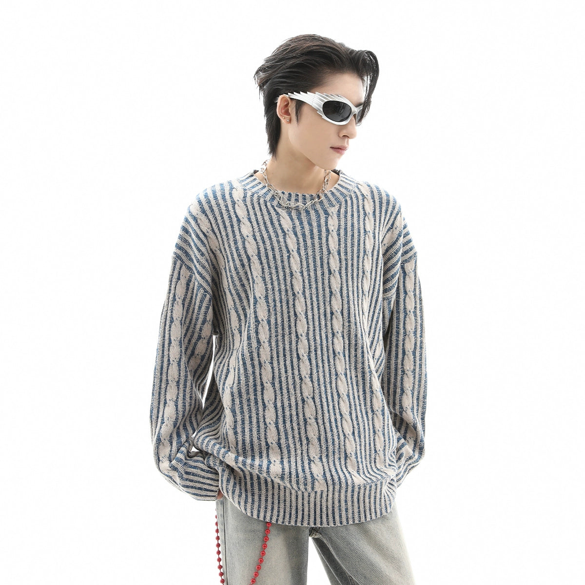 Cable Stripe Round Neck Oversize Knit Sweater WN10275