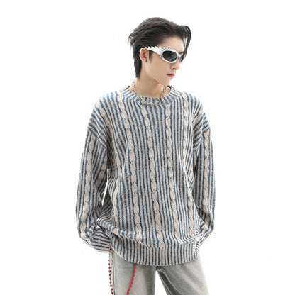 Cable Stripe Round Neck Oversize Knit Sweater WN10275