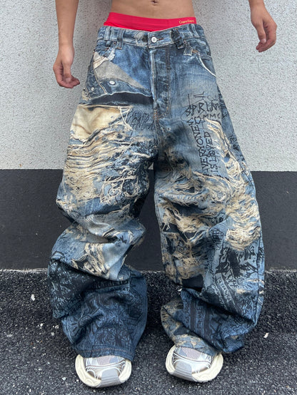 Abstract Print Wide Leg Denim Jeans WN24080