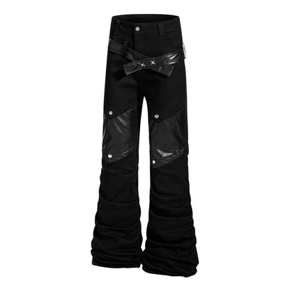 PU Leather Patch Pleats Flare Denim Jeans WN24248