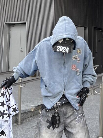 Wash Damage Oversize Zipper Hoodie WN24079