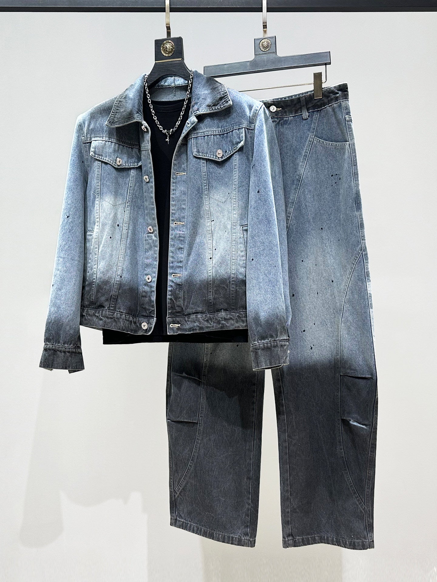 Wash Gradient Damage Denim Jacket & Denim Jeans Setup WN23891