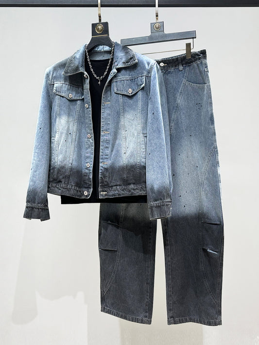 Wash Gradient Damage Denim Jacket & Denim Jeans Setup WN23891