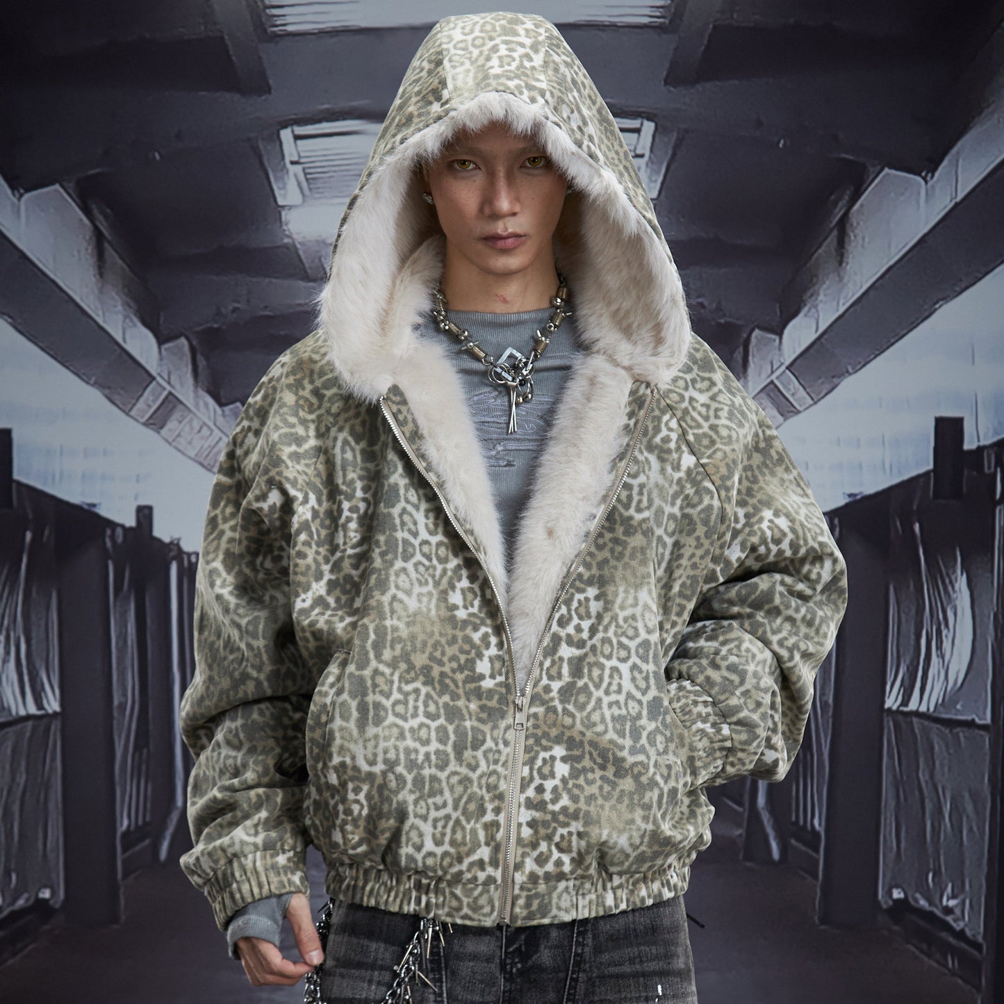 Leopard Print Fake Fur Hooded Padded Jacket WN22892