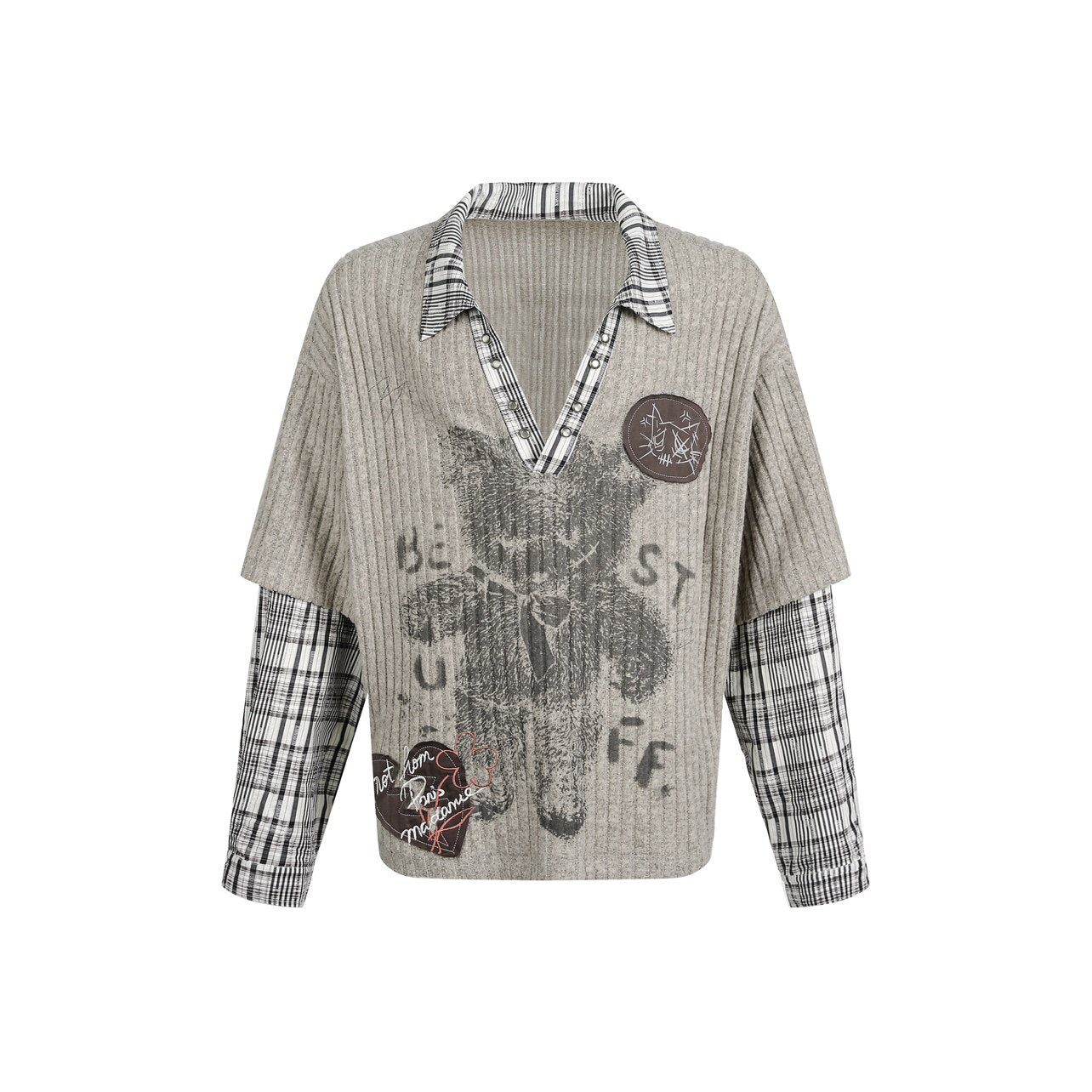Fake Layered Plaid Sleeve Graphic Print Long Sleeve T-Shirt WN24484