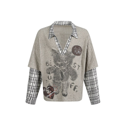 Fake Layered Plaid Sleeve Graphic Print Long Sleeve T-Shirt WN24484