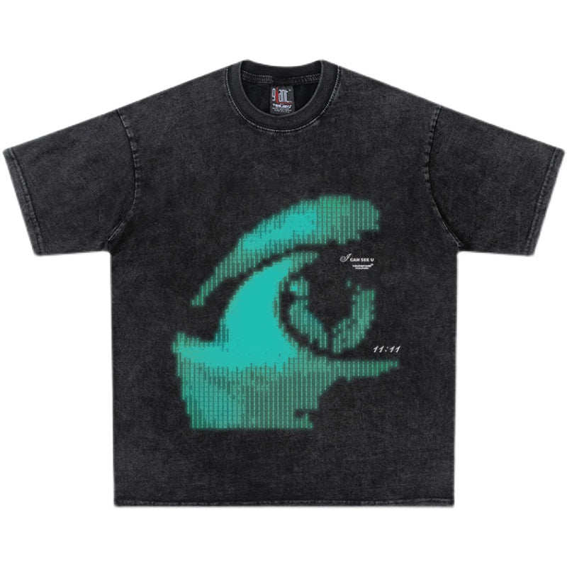 Wash Blue Eye Print Oversize Short Sleeve T-Shirt WN16603