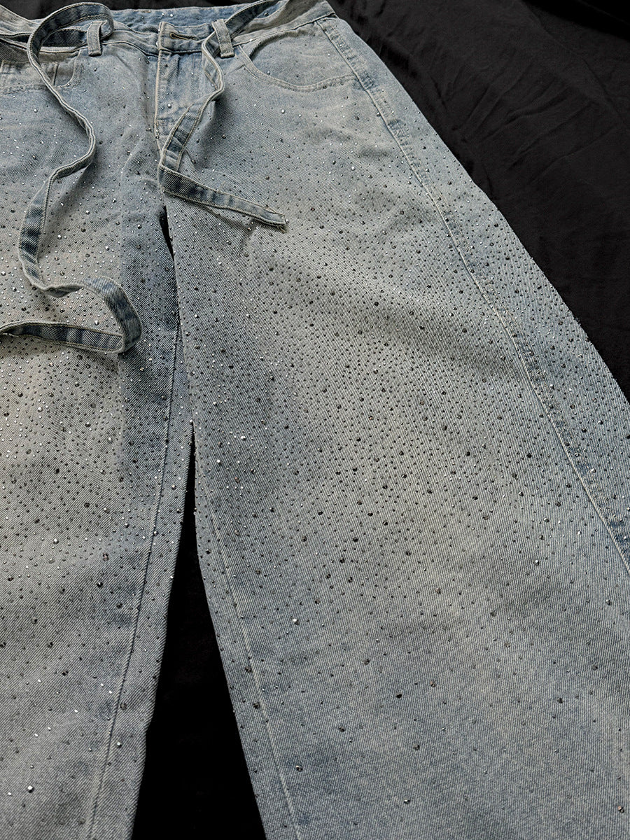 Rhinestone Drawstring Wide Leg Denim Jeans WN25560