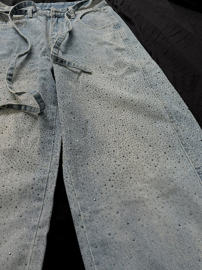 Rhinestone Drawstring Wide Leg Denim Jeans WN25560