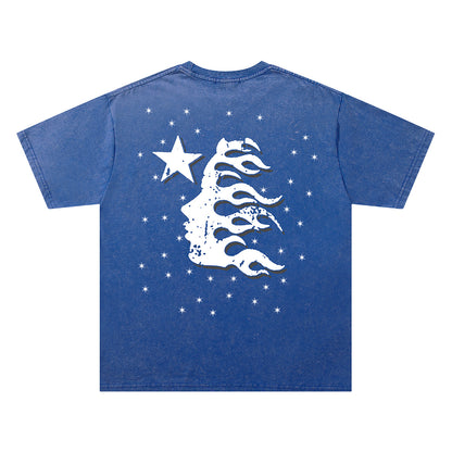 Washed Star Flame Face Print Short Sleeve T-Shirt WN26935