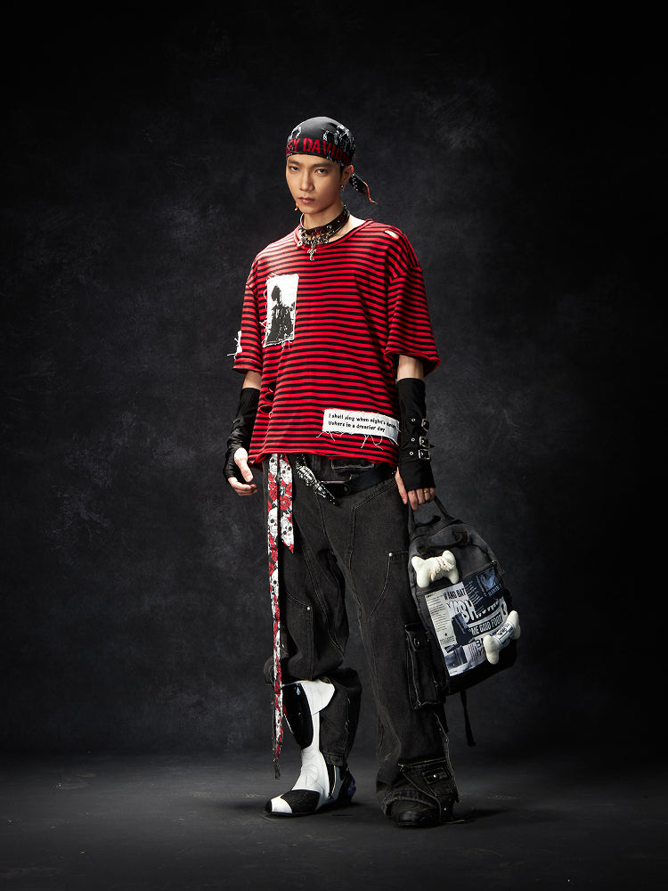 Multi-pocket Strap Washed Damage Wide Leg Denim Jeans WN15246