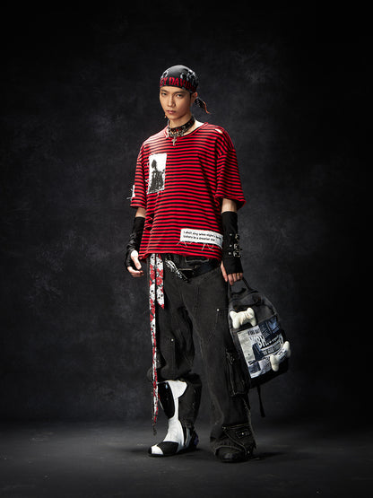 Multi-pocket Strap Washed Damage Wide Leg Denim Jeans WN15246