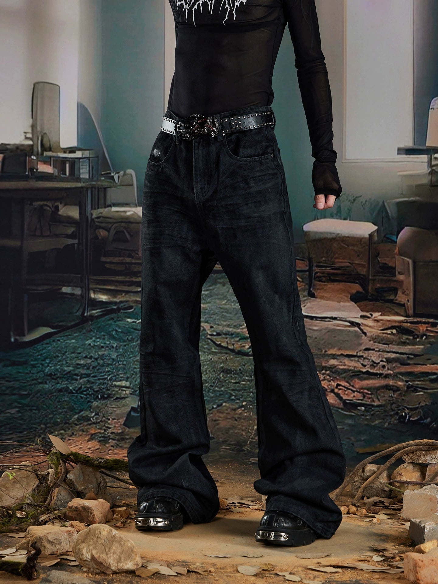 Coated Hand-Rub Long Flare Denim Jeans WN20584