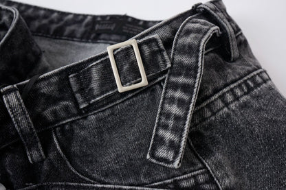 Washed Whisker Metal Buckle Denim Half Pants WN25513