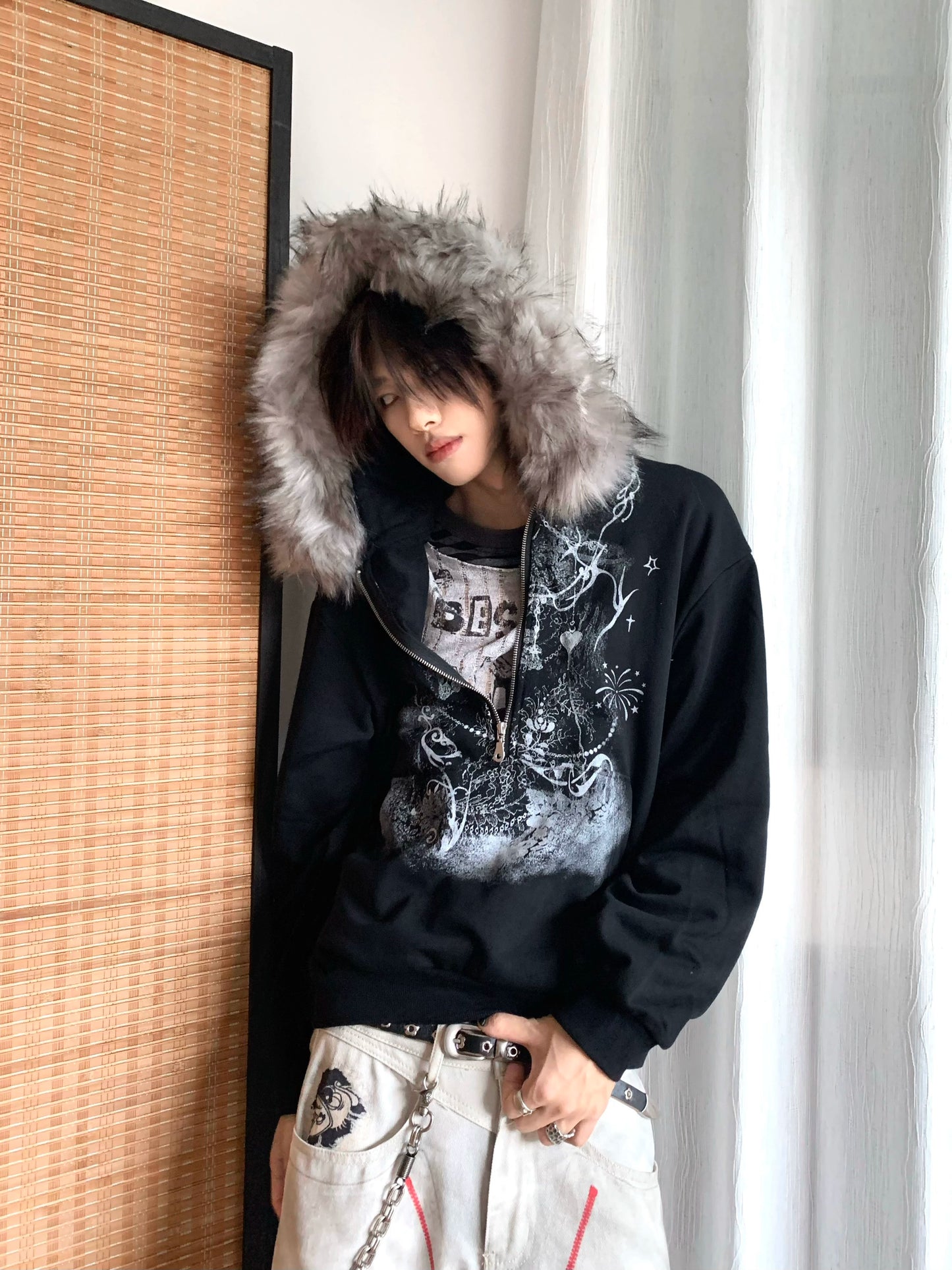 Half-Zip Fake Fur-Collar Art Print Hoodie WN22207