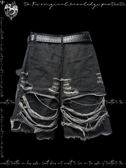 Washed Damage Design Five Pocket Half Denim Jeans & Belt & Waist Chain WN20092