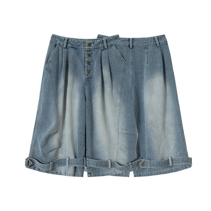 Lace-Up Washed Wide Leg Denim Short Pants WN25611