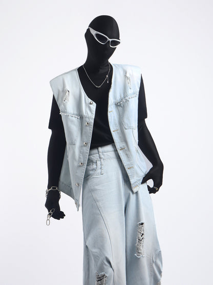 Denim Oversize Vest & Damage Wide Leg Denim Jeans Setup WN23737