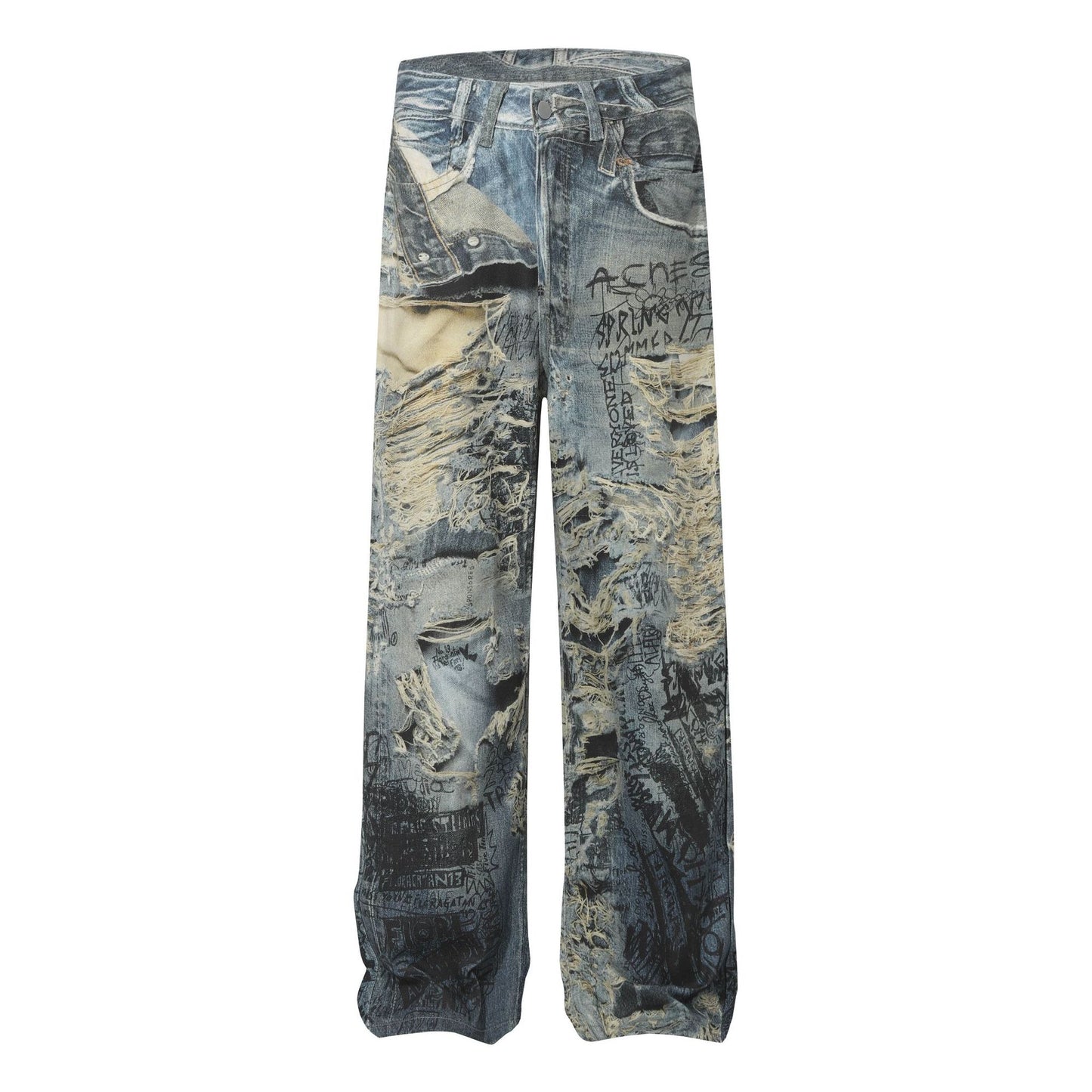 3D Graffiti Print Washed Wide Leg Denim Jeans WN18595