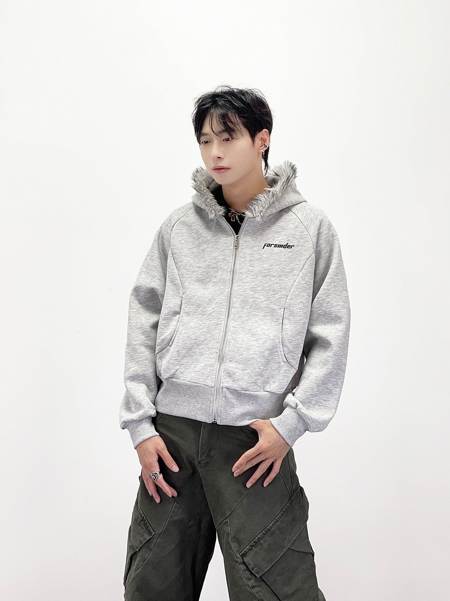 Fake Fur Collar Short Length Oversize Zipper Hoodie WN24246