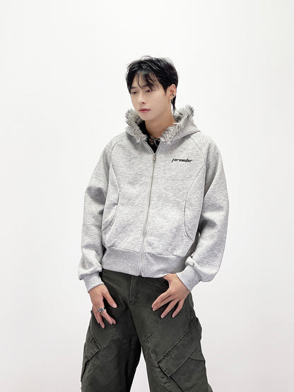 Fake Fur Collar Short Length Oversize Zipper Hoodie WN24246