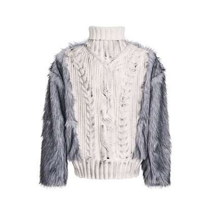 Fake Fur Splice High-Neck Thick Knit Sweater WN22657