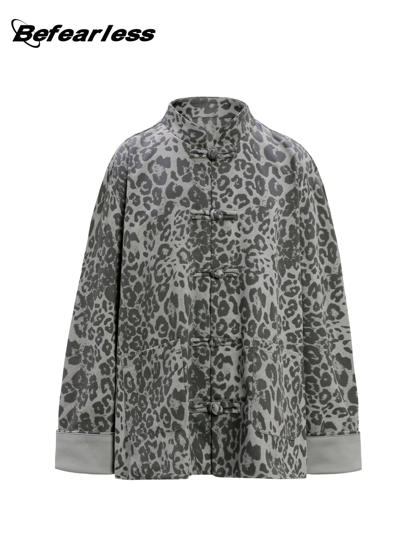Leopard Print Frog Button Stand Neck Oversize Jacket WN26296