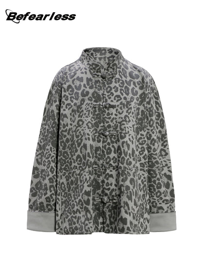 Leopard Print Frog Button Stand Neck Oversize Jacket WN26296