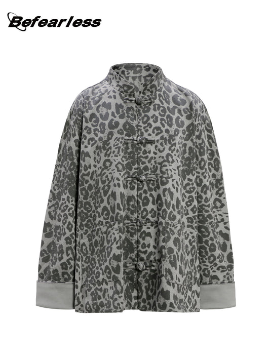 Leopard Print Frog Button Stand Neck Oversize Jacket WN26296