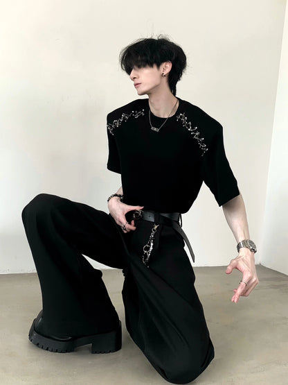 Metal Pin Shoulder-pad Oversize Short Sleeve T-Shirt WN20356