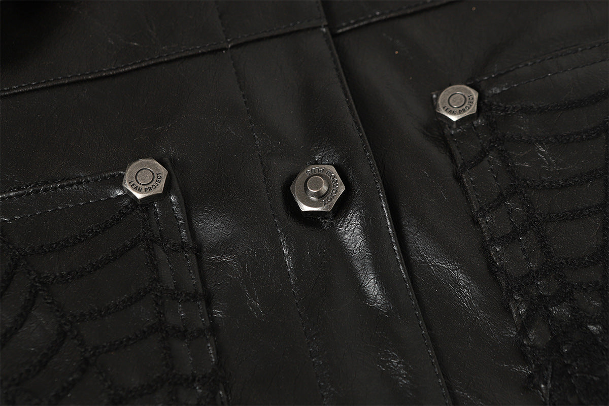 Snap-Button Emboss PU Leather Jacket &PU Leather Wide Leg Pants Setup WN23095-K