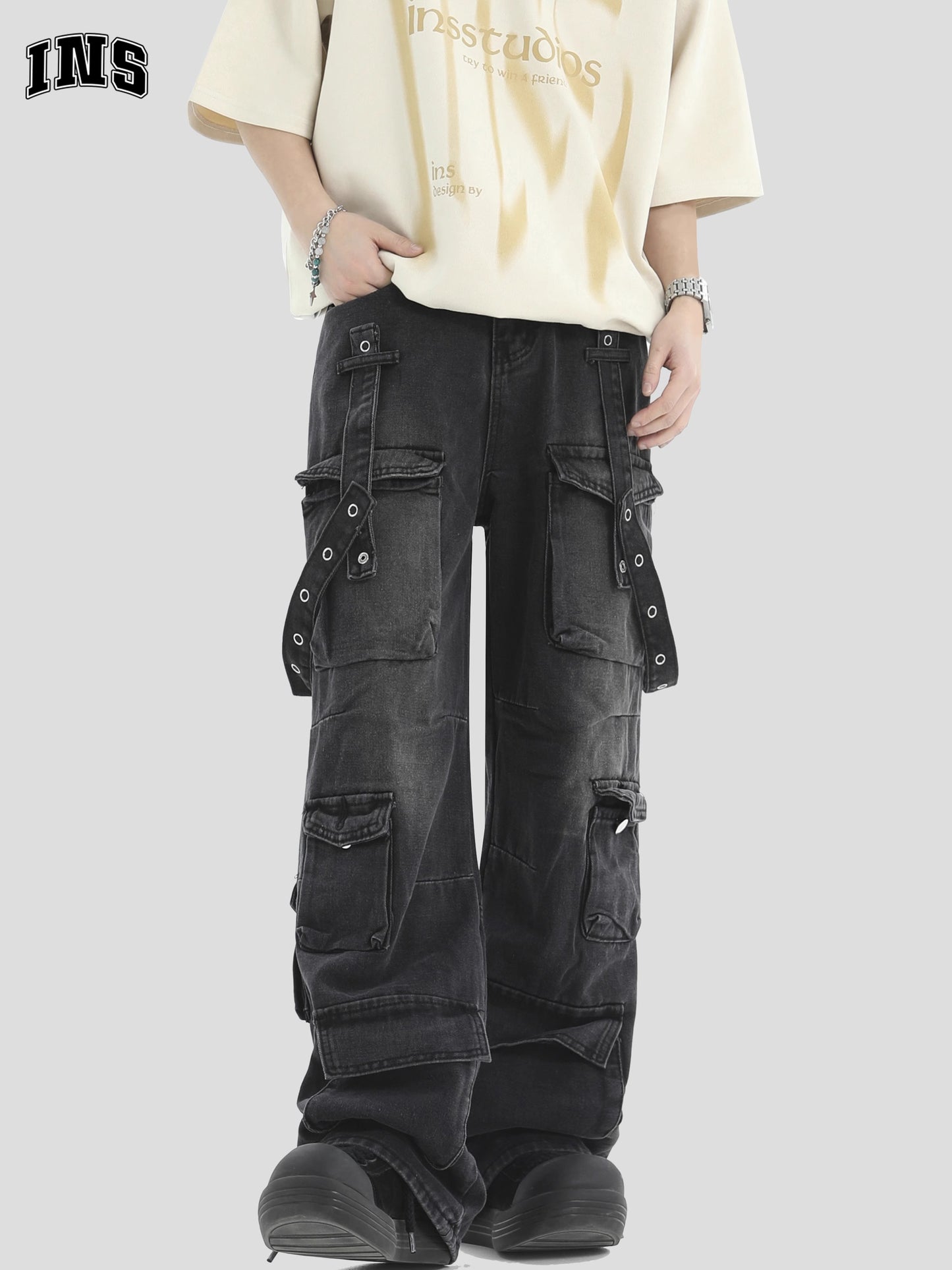 Multi Pocket Wide-Leg Straight Cargo Denim Jeans WN7216