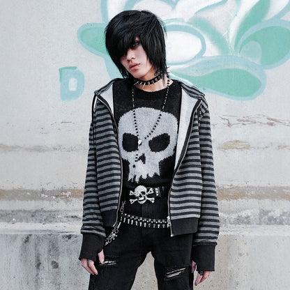 Skull Design Stripe Zipper Hoodie WN16089