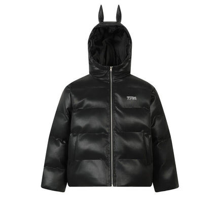 Devil Horn Hooded PU Leather Zipper Puffer Jacket WN21920