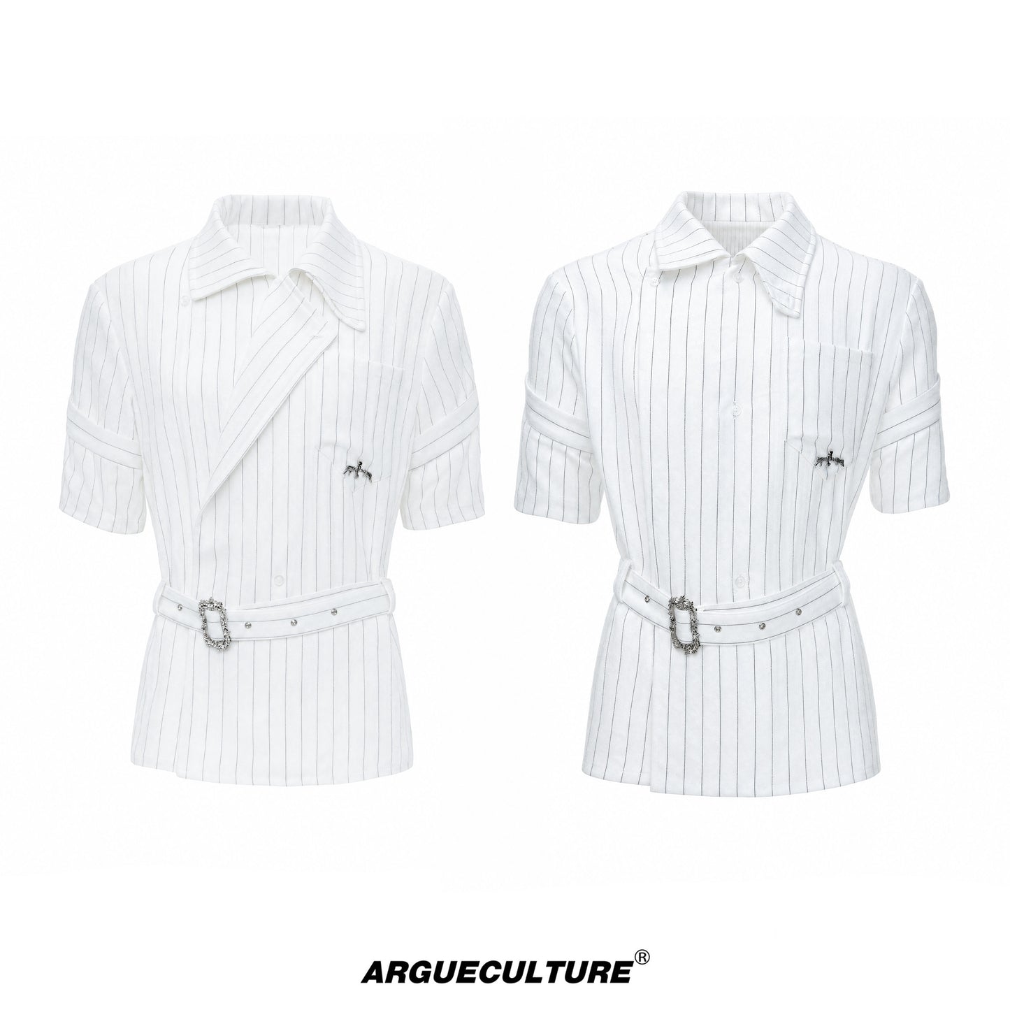 Asymmetric Stripe Waist-Tie Metal Buckle Short Sleeve Shirt WN27031