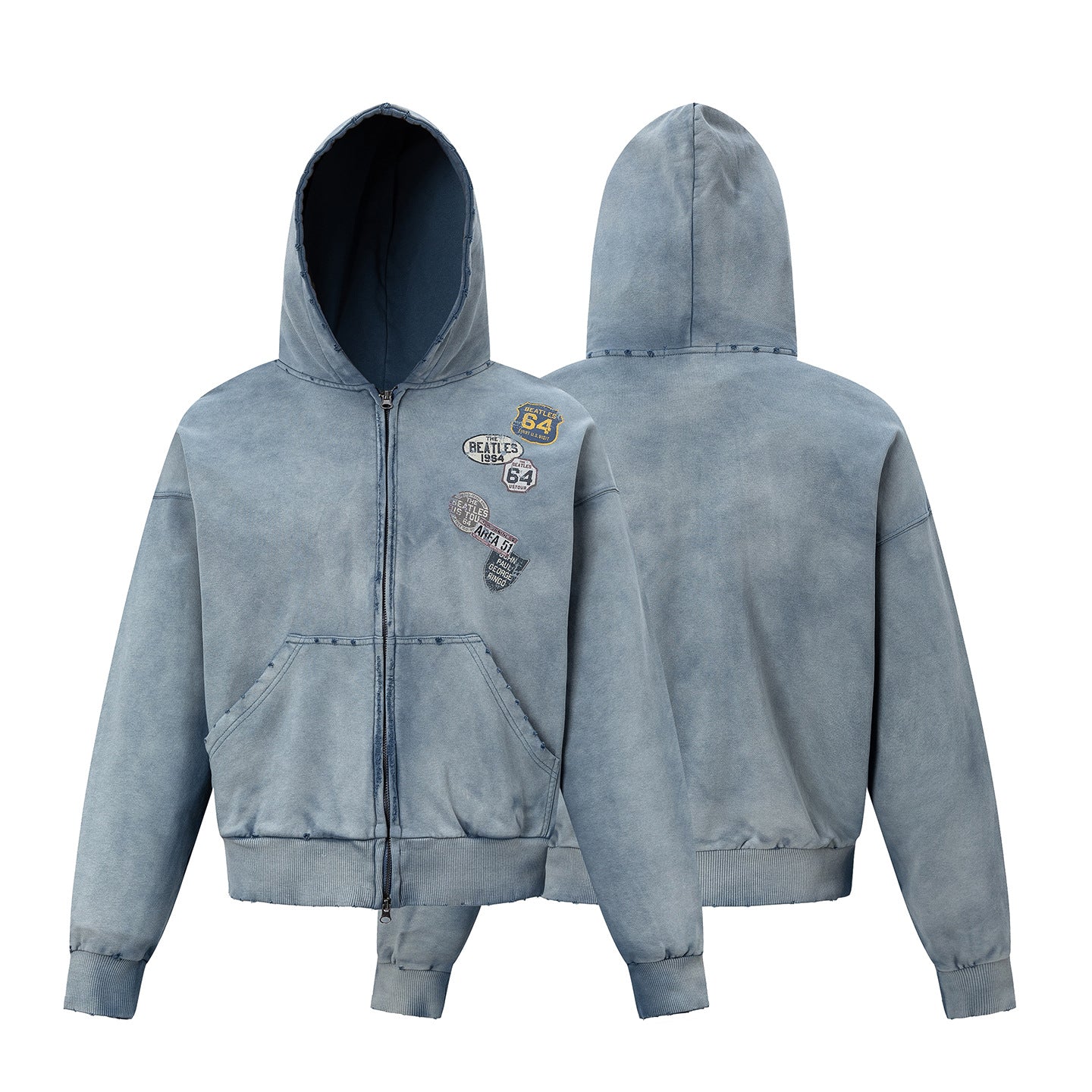 Washed Damage Print Boxy Zipper Hoodie WN25868