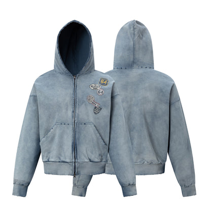 Washed Damage Print Boxy Zipper Hoodie WN25868
