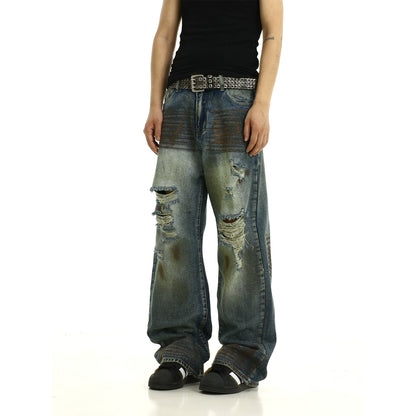 Damage Yellow Mud Straight Leg Denim Jeans WN8272